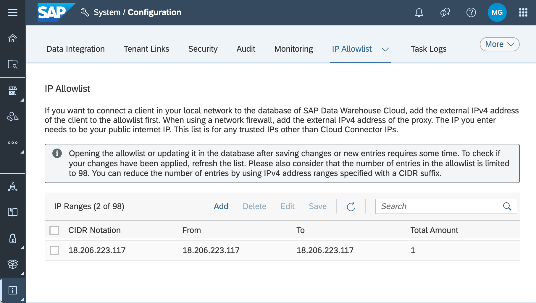 SAP Data Warehouse Cloud - IP Allowlist